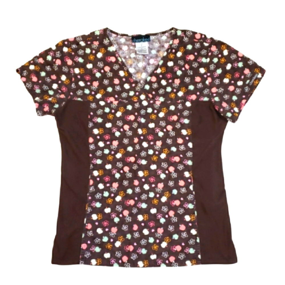 Scrubs Top Pastel Apples Women's Size Small Brown Cherokee Uniform